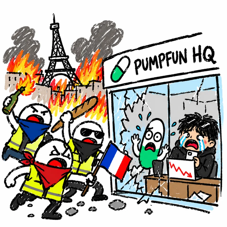 Childlike doodle of players rioting outside Pumpfun HQ, with a scared pill and Kimchi inside